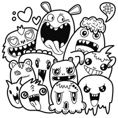 Hand-drawn illustrations, monsters doodle, Hand Drawn cartoon monster illustration,Cartoon crowd doodle hand-drawn Doodle style.black and white stripes coloring  book.