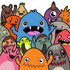 Hand-drawn illustrations, monsters doodle, Hand Drawn cartoon monster illustration,Cartoon crowd doodle hand-drawn Doodle style.