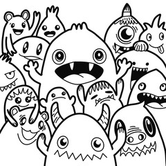 Hand-drawn illustrations, monsters doodle, Hand Drawn cartoon monster illustration,Cartoon crowd doodle hand-drawn Doodle style.black and white stripes coloring  book.