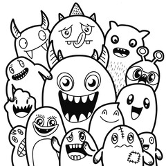 Hand-drawn illustrations, monsters doodle, Hand Drawn cartoon monster illustration,Cartoon crowd doodle hand-drawn Doodle style.black and white stripes coloring  book.