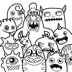Hand-drawn illustrations, monsters doodle, Hand Drawn cartoon monster illustration,Cartoon crowd doodle hand-drawn Doodle style.black and white stripes coloring  book.