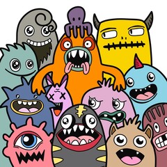 Hand-drawn illustrations, monsters doodle, Hand Drawn cartoon monster illustration,Cartoon crowd doodle hand-drawn Doodle style.