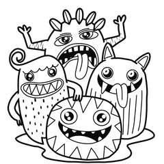 Hand-drawn illustrations, monsters doodle, Hand Drawn cartoon monster illustration,Cartoon crowd doodle hand-drawn Doodle style.black and white stripes coloring  book.