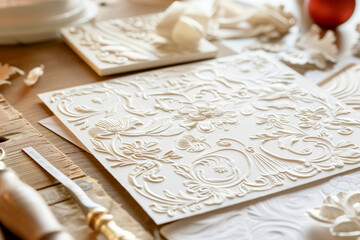 Fototapeta premium Intricate embossed floral designs on elegant paper, surrounded by crafting tools and decor items in a warmly lit studio.