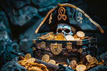 Pirate treasure chest overflowing with gold coins and a skull, highlighting adventure and ancient riches, Gernerative AI