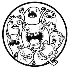Hand-drawn illustrations, monsters doodle, Hand Drawn cartoon monster illustration,Cartoon crowd doodle hand-drawn Doodle style.black and white stripes coloring  book.
