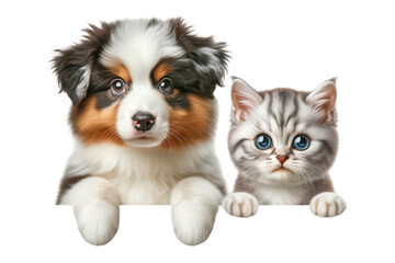 Adorable australian shepherd puppy and himalayan kitten peeking, isolated on transparent background