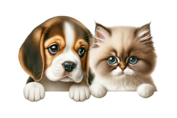 Obraz premium Adorable beagle puppy and himalayan kitten peeking, isolated on transparent background