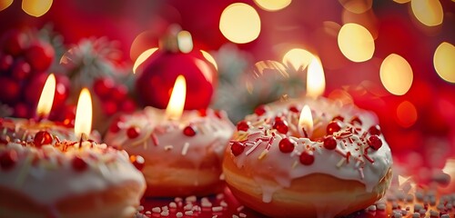 red donuts candles with decoration materials with abstract candle glowing on the top of the the donut abstract background for happiness and celebration  