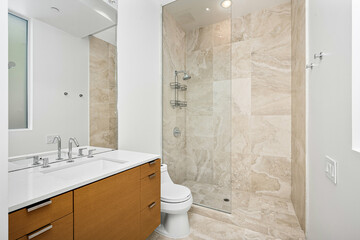 Modern bathroom with walk-in shower, toilet, vanity, and glass shower enclosure