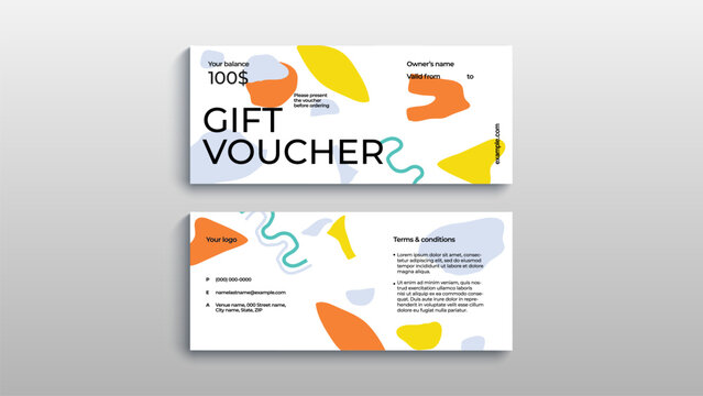 Abstract gift voucher card template. Modern discount coupon or certificate layout with geometric shape pattern. Vector fashion bright background design with information sample text.