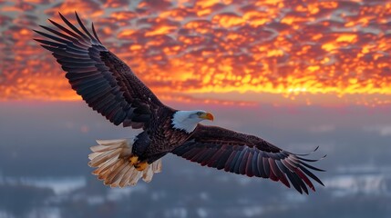 Naklejka premium Majestic Bald Eagle Soars Against Vibrant Sunset Sky in Worm s Eye View