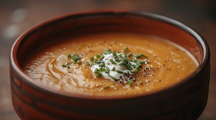 A minimalist presentation of a creamy carrot soup