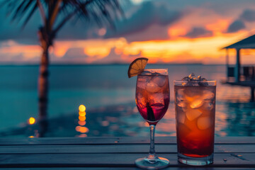 Tropical sunset backdrop with refreshing cocktails on the edge of a tranquil pool under palm trees.