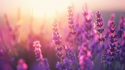Naklejka premium Blooming lavender in a field at sunset. Close up.