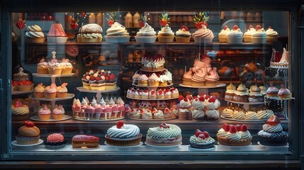 Scrumptious Array of Artisanal Pastries Tempting from Bakery Window Display