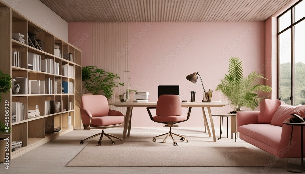 Wall mural home mockup, modern home office interior background, 3d render