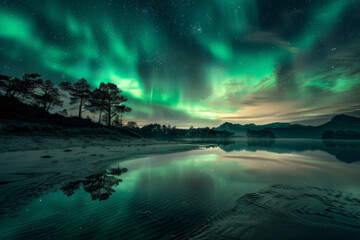 Naklejka premium Northern Lights over a scenic beach with silhouetted trees and starry night sky in the background.