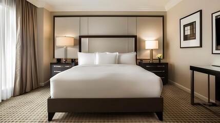 Luxury modern hotel bedroom interior. Stylish sleeping and relaxing room with beige wall.