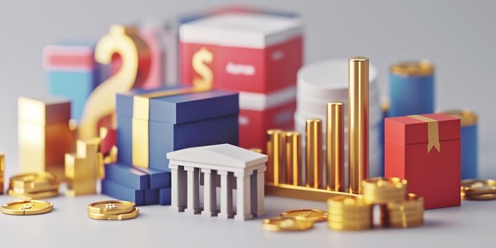 Illustrazione 3D di diversi elementi finanziari. Lo stile &egrave; low poly, con forme semplici e design minimalisti. 