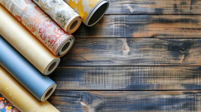 Variety of wallpaper rolls arranged on a wooden table top view Text can be added