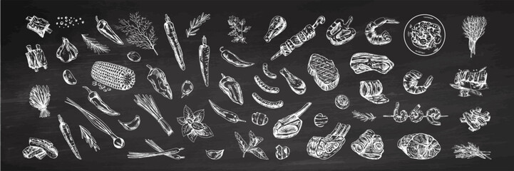 Set of hand-drawn sketches of barbecue and picnic elements, meat. For the design of the menu of restaurants and cafes, grilled food. Doodle vintage illustration on chalkboard background.