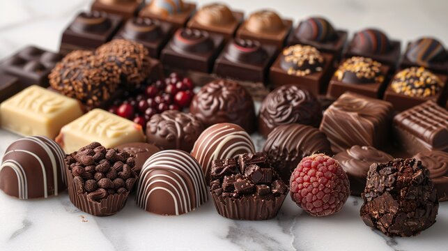 An elegant display of gourmet chocolates, including truffles, bars, and chocolate-dipped fruits, hyper-detailed with 32k cel shading and digitally enhanced for clarity, set against a white background