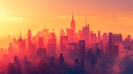 Sleek Modern Cityscape Skyline at Vibrant Sunrise Symbolizing New Corporate Beginnings
