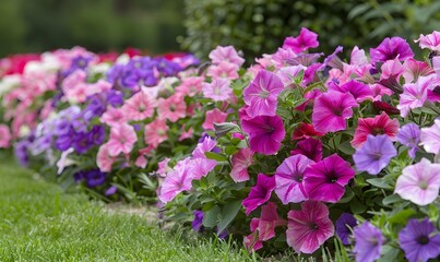Fototapeta premium flower border with colouful flowering Petunia Wave Sweetheart, Generative AI