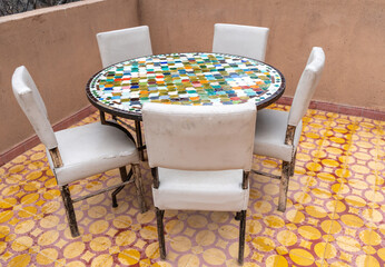 Street Restaurant Table in Moroccan Cafe Mountains View, Winter Morocco, Empty Cafe Tables, Authentic Exotic