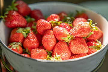 Fresh strawberries in a bowl. Rural style. The sun is shining