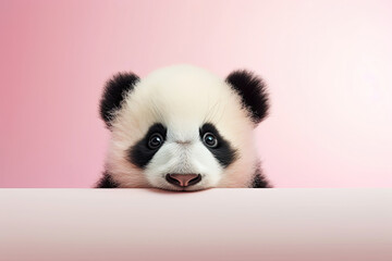 Fototapeta premium Panda bear above empty banner looking at camera. World wildlife day or National panda day banner. Flyer design with cute panda and copy space.