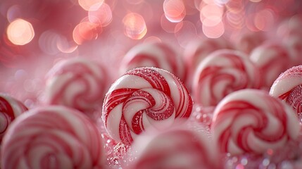 A festive display of candy canes and peppermint swirls, arranged in a pleasing pattern, shot on 70mm lens with depth of field and bokeh, digitally enhanced for a clean look
