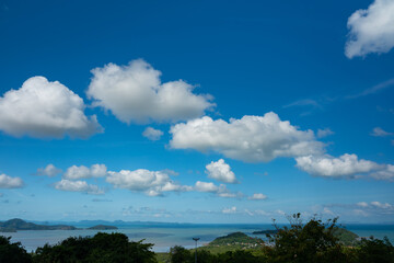 Tropical sea landscape blue sky white clouds background,Summer sea beach background