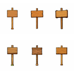 Wooden signboard set. Medieval vintage wood sign board on pole Road direction signpost collection. Rustic pointer Old blank information placard Wooden empty billboard, signboard panel. Cartoon vector.