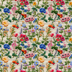 Floral embroidery from knitting wool, yarn, seamless pattern.