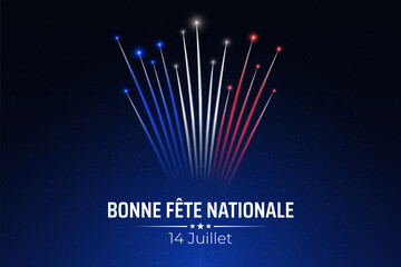 Banner 14 july bastille day in france, poster with french colorful fireworks on dark sky background. Fireworks france flag. French national holiday. Vector. Translation: Happy National Day July 14