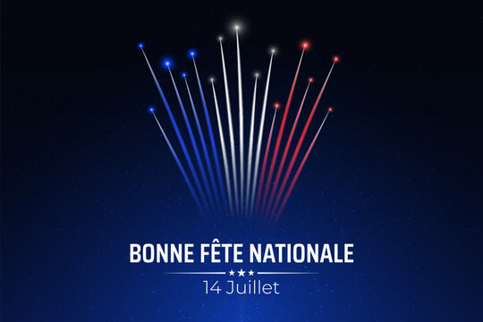 Banner 14 july bastille day in france, poster with french colorful fireworks on dark sky background. Fireworks france flag. French national holiday. Vector. Translation: Happy National Day July 14