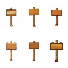 Wooden signboard set. Medieval vintage wood sign board on pole Road direction signpost collection. Rustic pointer Old blank information placard Wooden empty billboard, signboard panel. Cartoon vector.