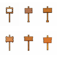 Wooden signboard set. Medieval vintage wood sign board on pole Road direction signpost collection. Rustic pointer Old blank information placard Wooden empty billboard, signboard panel. Cartoon vector.