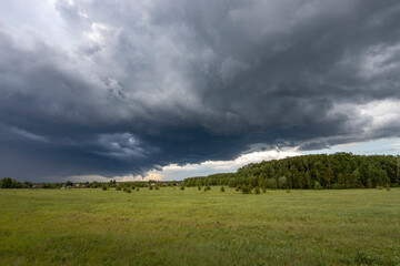 Obraz premium A vast, dark, and dramatic sky hangs low over a lush green meadow. The ominous clouds suggest an impending storm, while the fresh green grass and trees symbolize the vibrancy of spring.