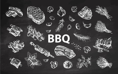 Set of hand-drawn sketches of barbecue elements. For the design of the menu of restaurants and cafes, grilled food. Doodle vintage illustration. Engraved image on chalkboard background.