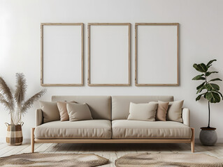 Interior room with sofa and gallery frames mockup
