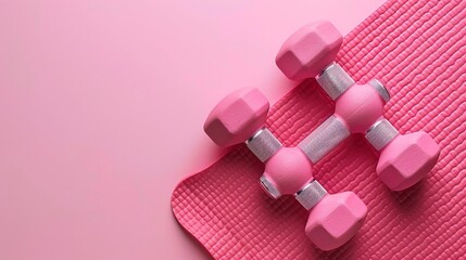 Manubri e tappetino yoga su sfondo rosa