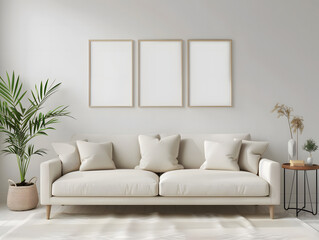 Interior room with sofa and gallery frames mockup