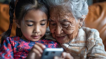 Fototapeta premium Nonna e nipotina guardano il cellulare sedute sul divano