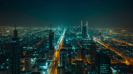 Fototapeta premium Stunning aerial night view of the cityscape and skyscrapers in crystal light.