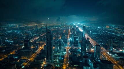 Fototapeta premium Stunning aerial night view of the cityscape and skyscrapers in crystal light.