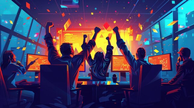 A startup founder celebrating a successful stock market launch with their team in a high-energy office.