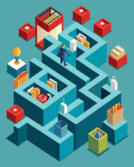 Fototapeta premium The once organized rows of merchandise had become a labyrinth of excess with no end in sight.. Vector illustration
